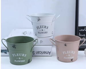 Rustic Metal Bucket Flower <b>Pot</b> With Handles In Green Pink White For Indoor Plants And Flowers - Product Image 1