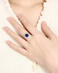 Blue Oval Halo Sapphire Gemstone Ring Sterling Silver Rhodium Plated Oval Cut Center Prong Set for Wedding Engagement Party - Product Image 2