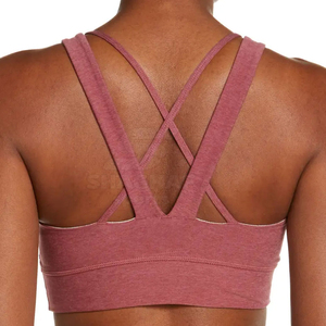 Women Heathered Pink Sports <b>Bra</b> Scoop Neck <b>Wide</b> <b>Straps</b> Simple Yoga Gym Workout Top - Product Image 4