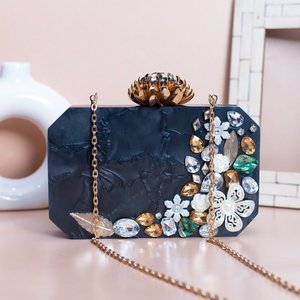 Pochette de soirée élégante en acrylique noir de qualité supérieure avec finition pierre pour femme, idéale pour les fêtes et les occasions formelles - Product Image 4