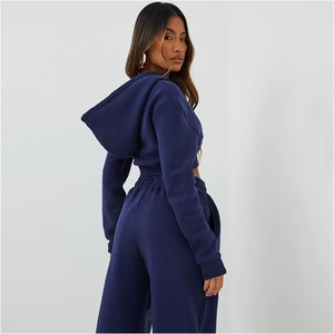 Combinaison à capuche bleu marine pour femme, manches longues, taille haute, coupe ample, longueur intégrale, couleur unie, tricotée, décontractée, toutes saisons - Product Image 2
