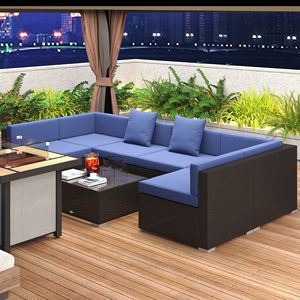 Set Divano in Teak e Rattan a 7 Pezzi per Esterni con Cuscini Rimovibili, Pouf e Tavolino da Caffè in Vetro Blu/Caffè Scuro per Ospedali - Product Image 2