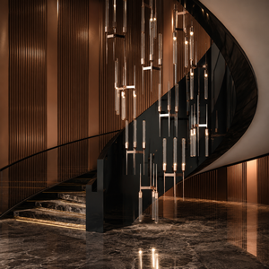 Escalier en colimaçon en marbre noir avec panneaux muraux en bronze et tubes en verre – Design de balustrade moderne pour villa - Product Image 1