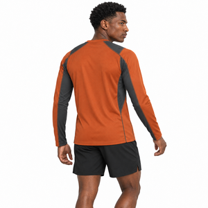 T-shirt de course à manches longues pour homme, orange et noir, séchage rapide, en polyester tricoté, col rond, coupe classique, logo personnalisé sur le devant - Product Image 4