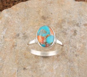 Anillo de Turquesa y Concha de Ostra Espinosa Natural en Plata de Ley 925, Estilo Boho Clásico para Mujer, Anillo de Boda, Joyería Fina Hecha a Mano - Product Image 2