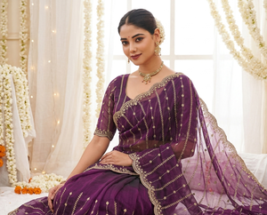 Sari de Seda Morado AARA Fashion con Bordado Dorado, Traje Tradicional Indio para Bodas, para Mujer, Largo hasta el Suelo, Corte Regular, Protección Solar - Product Image 6