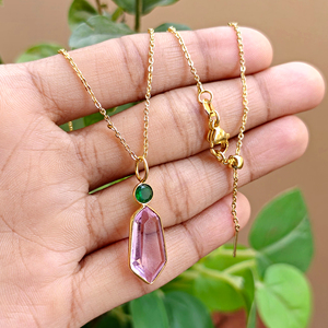 Exotic fancy pink quartz <b>with</b> emerald cubic zirconia bezel setting pendant 18k gold plated brass necklace for jewelry women gift - Product Image 4