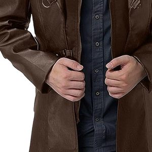 Manteau long en cuir noir pour homme avec fourrure, style trench-coat, boutonné, idéal pour l'hiver - Product Image 5