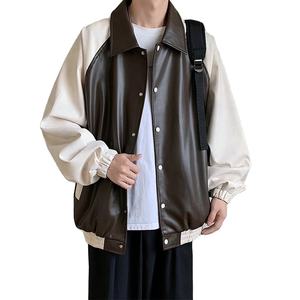 Chaqueta americana de tendencia de otoño para hombre, abrigo de cuero de empalme alto, tela de lana, colores contrastantes, Tops de solapa sueltos informales, piel para hombre y mujer - Product Image 1