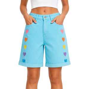 Sky Blue <b>Rainbow</b> Heart Embroidered Women Denim Shorts High Waist Casual Loose Fit Rolled Hem Cotton Summer Fashion Jeans Shorts - Product Image 1