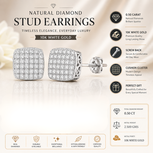 Natural Diamond Stud Earrings 0.50 Ct in 10K White Gold | Cushion <b>Cluster</b> Diamond Earrings | Elegant Jewelry for Women Gift - Product Image 5