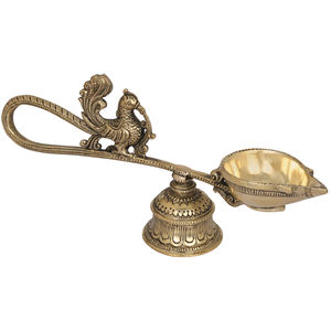 Handmade 9-Inch Brass Peacock Aarti with Attached Bell <b>Stand</b> for Home Decor Made in India for Gifting - Product Image 1