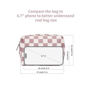 Graziosa Pochette Rosa con Cerniera e Scomparti, Piccola Borsa da Viaggio a Quadretti per Cosmetici e Accessori - Product Image 3