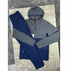 Custom Mens 2Piece Windbreaker Tracksuit Set Charcoal and Navy Color Block Hooded Jacket and Jogger <b>Pants</b> Lightweight Waterproof - Product Image 6