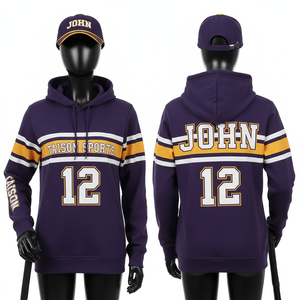 Sudadera con Capucha para Entrenamiento de Hockey sobre Césped para Mujer, 320 GSM, Forro Polar de Poliéster, Panel con Rayas Moradas y Doradas, Sudadera Deportiva con Logotipo Personalizado por Sublimación - Product Image 1