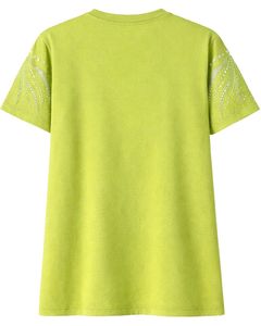 T-shirt en coton vert pour femme avec manches ornées de strass, col rond, manches courtes, style décontracté, haut tendance pour femme, personnalisable, vente en gros OEM - Product Image 5