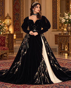 Mishkat Couture Elegant <b>Black</b> Velvet MAXI Long Sleeve Algerian Badroun Intricate Hand Embroidery for Muslim Women Arab Girls - Product Image 5