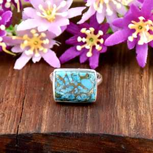 925 Sterling Silver Blue Copper Turquoise Handmade Silver Ring Radiant Gemstone Jewelry Statement Wedding <b>Gift</b> Ring <b>For</b> <b>Her</b> - Product Image 3