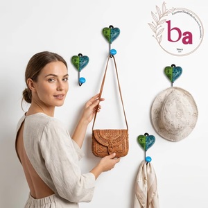 Crochet mural en céramique Ba en forme de cœur, fait main, motif bleu-vert, crochet simple, porte-manteau fantaisie - Product Image 2