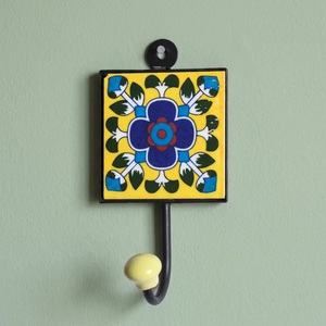 Beads Art Yellow Blue Ceramic Tile Wall <b>Hook</b> Flower Pattern Vintage Style <b>Coat</b> Rack Single <b>Hook</b> Handmade <b>Decorative</b> <b>Hook</b> Model - Product Image 4