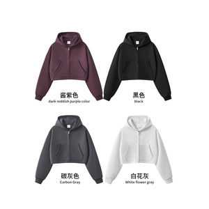 Wholesale <b>Cropped</b> <b>Zip</b> <b>Up</b> Hoodie Women's Fleece Drop Shoulder Full <b>Zip</b> Split Kangaroo Pocket Short Length Casual Streetwear - Product Image 5
