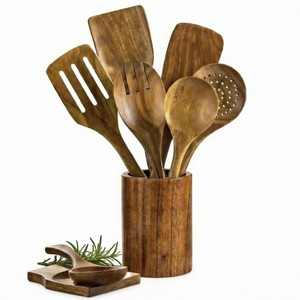Ensemble d'ustensiles de cuisine en bois de teck, 9 pièces, avec support, outils de cuisine - Product Image 6