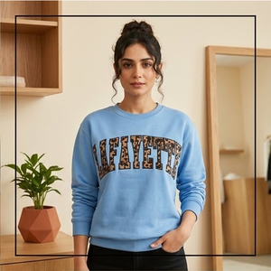 Women's Light Blue Crew Neck <b>Sweatshirt</b> With <b>Leopard</b> <b>Print</b> Lafayette Letter Design Regular Fit Autumn Wear - Product Image 1