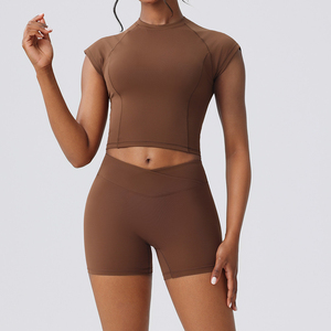 Ensemble de yoga 2 pièces bleu clair, haut sans manches, short taille haute, extensible dans les quatre sens, vêtements de sport sans couture - Product Image 2