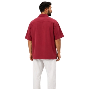 Burgundy Mens <b>Camp</b> Collar Horizontal Pleated Short Sleeve Button Down Casual Summer Resort <b>Shirt</b> Custom Logo OEM Manufacturer - Product Image 2