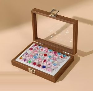 Wooden Jewelry <b>Case</b> with Glass Lid 7 Compartments Velvet Ring Box for Rings, <b>Earrings</b> - Product Image 1
