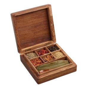 Caja de especias de madera artesanal con diseño floral quemado, 7 compartimentos, redonda, tipo Masala Dabba, para almacenamiento en la cocina. - Product Image 5