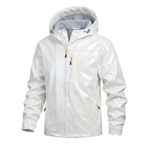 Chaqueta cortavientos con capucha para hombre, color blanco brillante, con revestimiento de PU, forro polar, para otoño. - Product Image 1