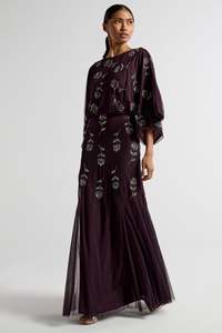 Elegante Vestido de Noche Morado de Gasa con Lentejuelas Florales, Antirarrugas, Silueta Tubo, Un Hombro Descubierto y Manga Capa, Largo hasta el Suelo - Product Image 5