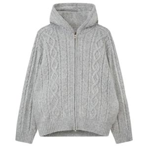 Sweat à capuche zippé gris en tricot torsadé avec design en tricot torsadé et capuche ajustable, idéal pour un confort et un style décontractés - Product Image 1