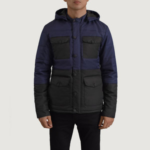 Blouson matelassé homme bleu marine et noir à blocs de couleur, coupe-vent, épais et isolé, style décontracté, col montant, bouton unique - Product Image 4