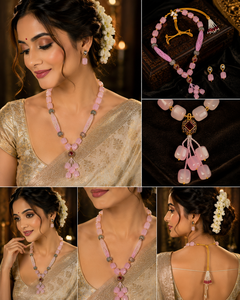 Conjunto de Joyería Étnica Estilo Bohemia con Borlas de Resina Rosa, Collar, Aretes y Anillo, Chapado en Oro, para Mujer, Ideal para Bodas - Product Image 3