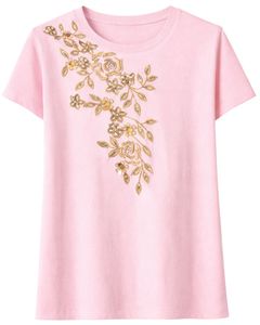 T-shirt en coton rose personnalisé pour femme avec broderie florale dorée, manches courtes, col rond, haut décontracté pour femme, design personnalisé - Product Image 1