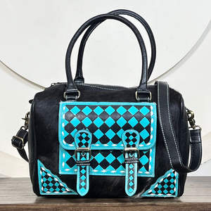 Bolso de Mano de Cuero Vacuno Estilo Rodeo Vintage con Solapa Decorada con Cuadros Turquesa y Negros, Bolso Bandolera y de Hombro para Mujer - Product Image 4