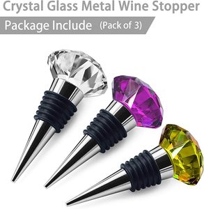 Juego de 3 Tapones de Vino de Cristal y Metal con Forma de Diamante en Morado, Amarillo y Transparente para Botellas de Vino - Product Image 1