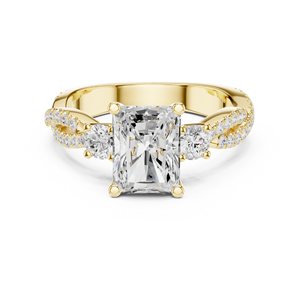 Bague de fiançailles en or jaune avec diamant de laboratoire taille radiant, pavé torsadé, trois pierres, pour femme - Product Image 1