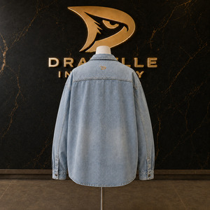 Cotton Denim Button Down <b>Bleached</b> Blue Grandprix Shacket With Racing Emblem Applique Unisex Hypebeast Apparel Bulk - Product Image 2
