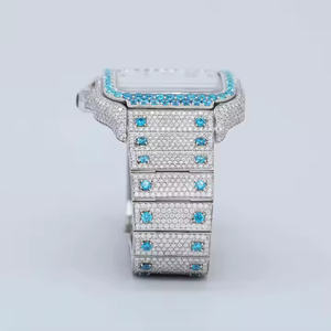 Iced Out Blue Diamond Bezel <b>Watch</b> Silver Square Automatic Roman Numerals Bust Down Luxury Hip Hop Men Bling Moissanite <b>Watch</b> - Product Image 4