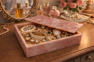 Boîte de rangement pour bijoux en quartz rose naturel moderne, écologique, faite à la main, avec couvercle, par Agra Heritage Marble Crafts - Product Image 3