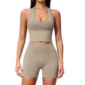 Seamless <b>Halter</b> <b>Neck</b> Yoga Set Women 2 Piece Sports <b>Bra</b> and Shorts V <b>Neck</b> Knitted Fitness Outfit Running Wear - Product Image 5