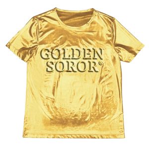 T-shirt Métallique Doré Femme Manches Courtes Col Rond Brillant Imprimé T-shirt Mode Haut Réfléchissant Décontracté Élégant Soirée - Product Image 1