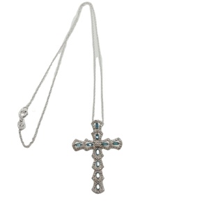 JEWELSPAARK Collier Pendentif Unisexe Chrétien Religieux en Argent Sterling avec Croix et Diamants Blancs et Bleus Naturels Ronds et Baguettes de 1,03 Ct - Product Image 3