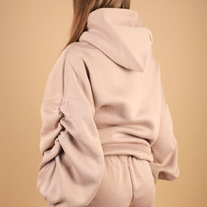 Conjunto de Sudadera con Capucha y Pantalones Cortos Oversize para Mujer, de Color Liso, de Algodón Afelpado, Dos Piezas, Ropa Casual para Estar en Casa, Diseño de Hombros Caídos - Product Image 4