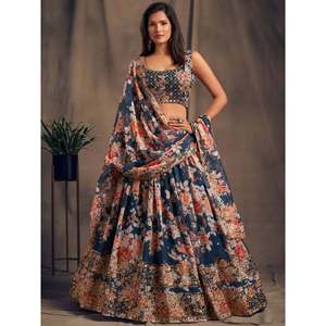 Festival d'organza imprimé floral bleu Lehenga Choli - Product Image 5