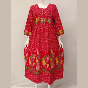 Robe d'été pour femmes, longueur genoux, manches longues, col rond, tissu en rayonne, motif floral, coupe ample, par Chrysanta - Product Image 1