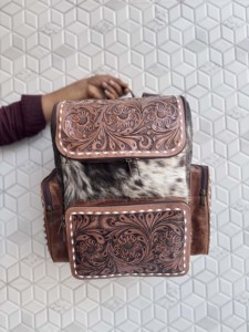 New Hand Tooled Leather Cowhide <b>Backpack</b> With Floral Carving Unisex Bohemian Style Multiple Pockets Zipper Closure Daily Use Bag - Product Image 1